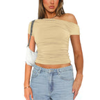 Women's Off Shoulder Ruched Crop Top for Minimalist Casual Streetwear Everyday Fashion Style