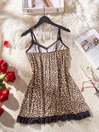 Leopard Print A-Line Slip Nightdress with Black Lace Trim and Ruffled Hem