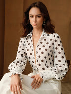 Sheer Polka Dot Chiffon Blouse with Solid Contrast Collar and Voluminous Puff Sleeves