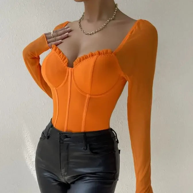 Sheer Mesh Long Sleeve V Neck Bodysuit for Gothic Alternative Styling