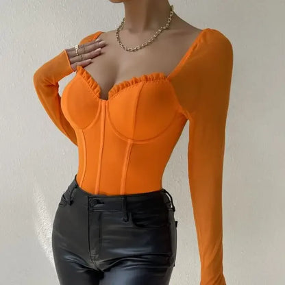 Sheer Mesh Long Sleeve V Neck Bodysuit for Gothic Alternative Styling