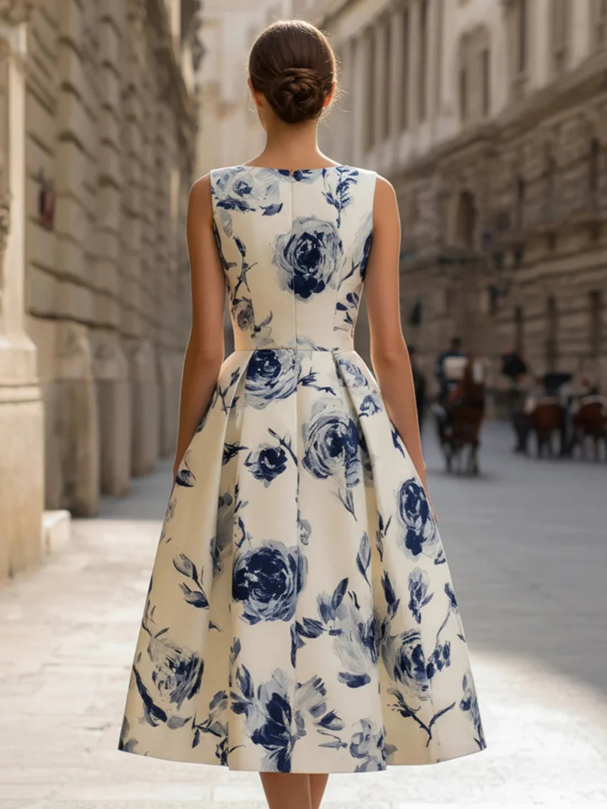 Elegant Blue Floral Print Sleeveless Midi Dress with Pleated Skirt