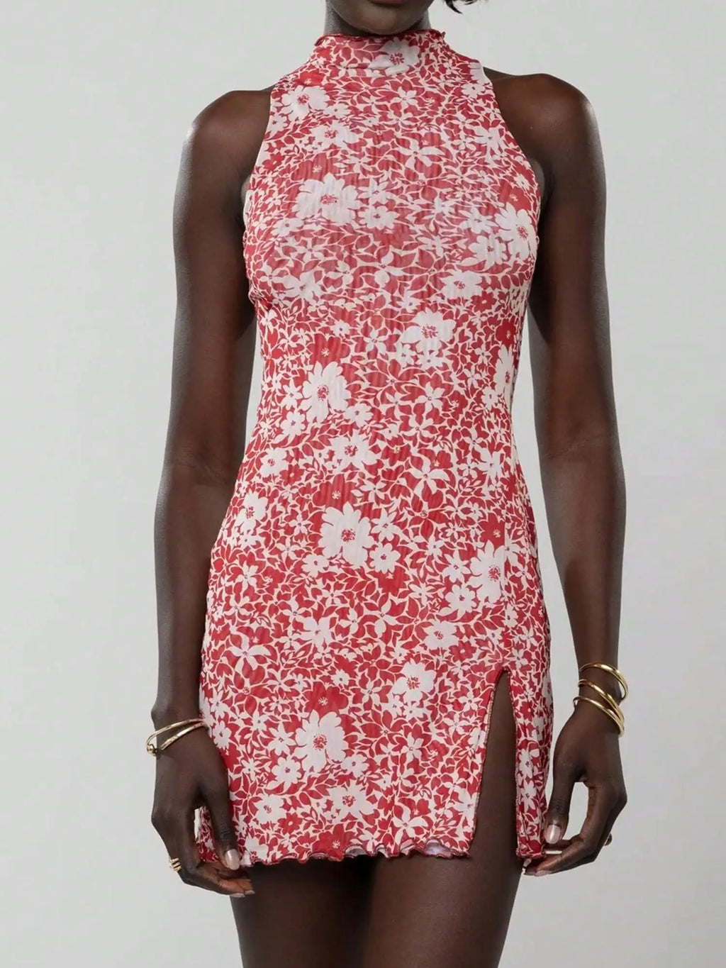 High Neck Sleeveless Bodycon Mini Dress with Patterned Texture and Side Slit