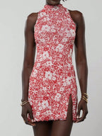 High Neck Sleeveless Bodycon Mini Dress with Patterned Texture and Side Slit