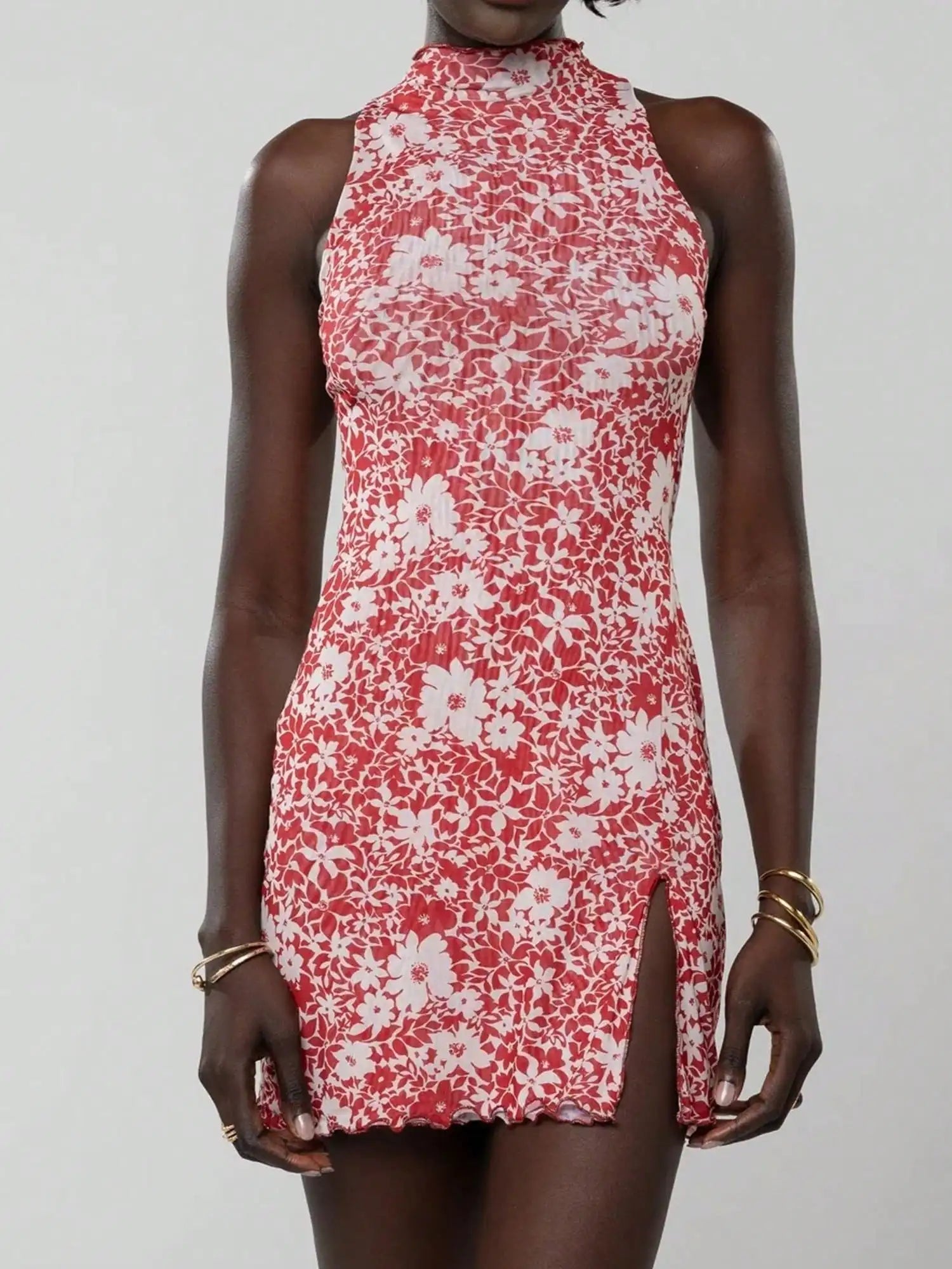 High Neck Sleeveless Bodycon Mini Dress with Patterned Texture and Side Slit