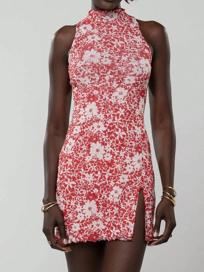 High Neck Sleeveless Bodycon Mini Dress with Patterned Texture and Side Slit