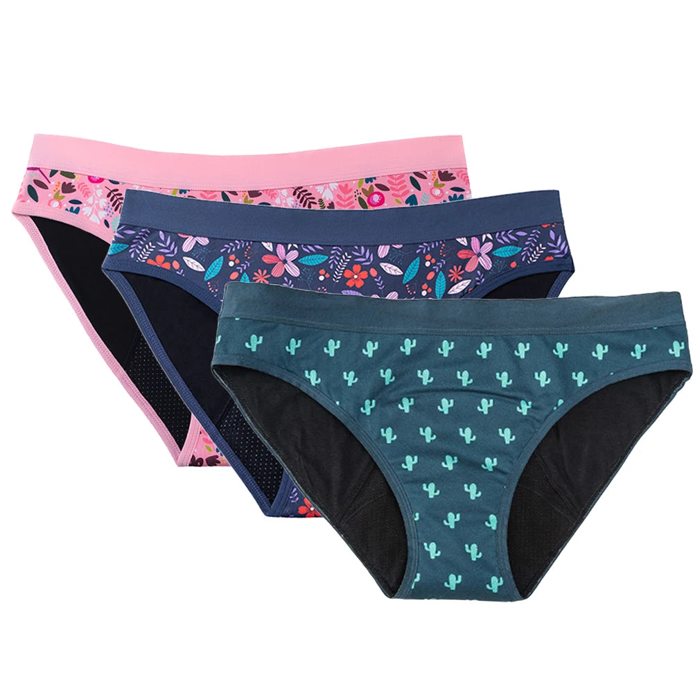 Three-Piece Floral Print Menstrual Brief Set with Contrast Waistbands