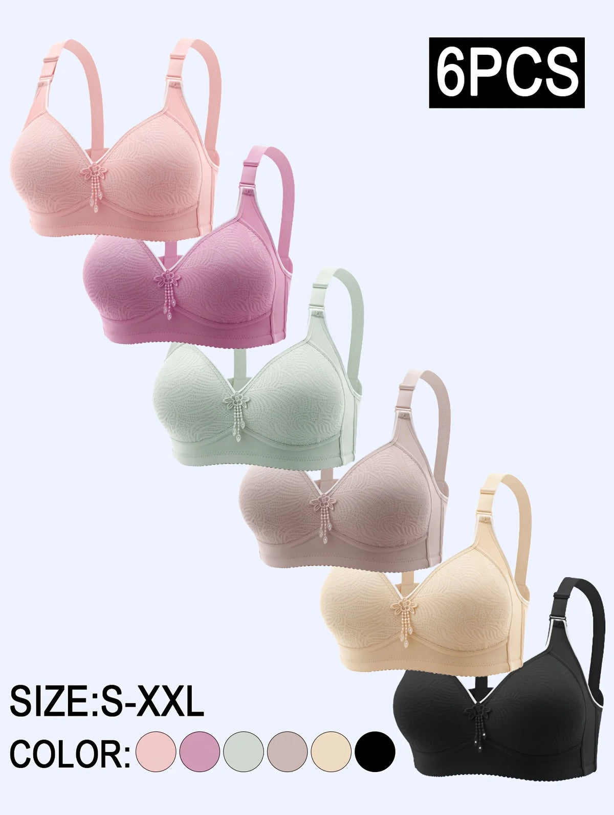 6-Piece Seamless Wireless Padded Bra Set with Adjustable Straps, Soft Pastel Colors and Everyday Styling
