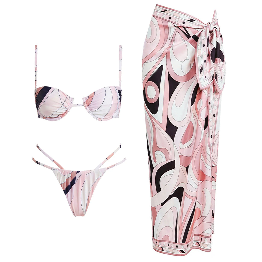 Retro Swirl Print Bandeau Swim Set with Matching Cascading Sarong