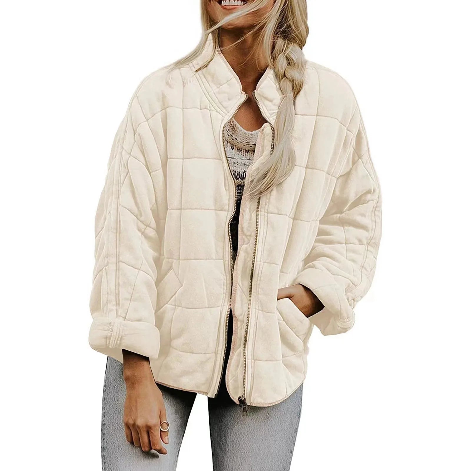 Women's Quilted Button Front Jacket with Relaxed Casual Layering Streetwear Silhouette