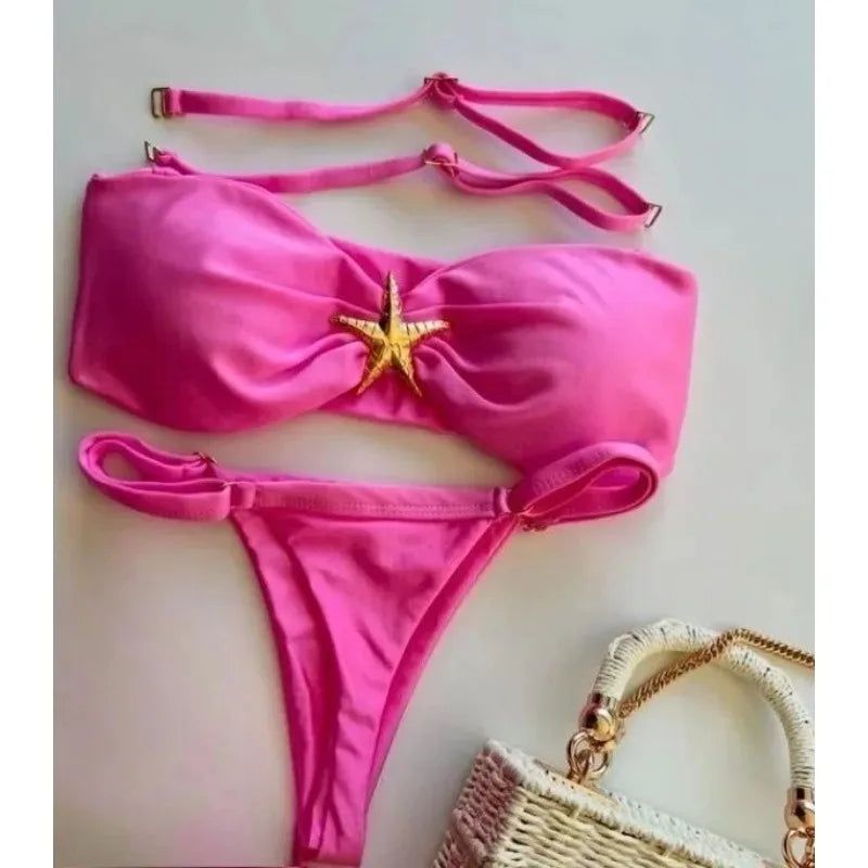 Fierce Mixed Animal Print Bandeau Bikini with Center O-Ring Hardware