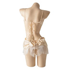 Cream Lace and Sheer Mesh Cutout Babydoll with Crisscross Bodice