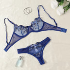 Purple Floral Embroidered Lingerie Set with Detailed Underwire Bra and Matching Brief