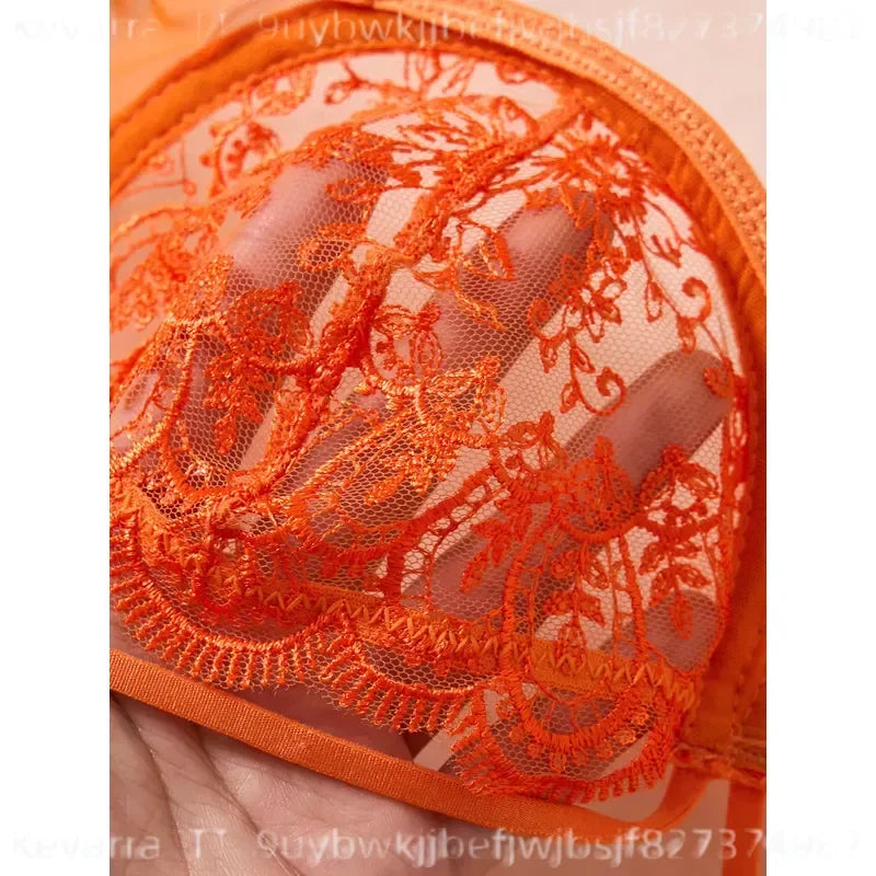 Vibrant Citrus Orange Floral Lace Push-Up Bra and Matching Thong Set