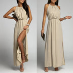 Sleeveless Maxi Dress with High Neck and Elegant Side Slit Design