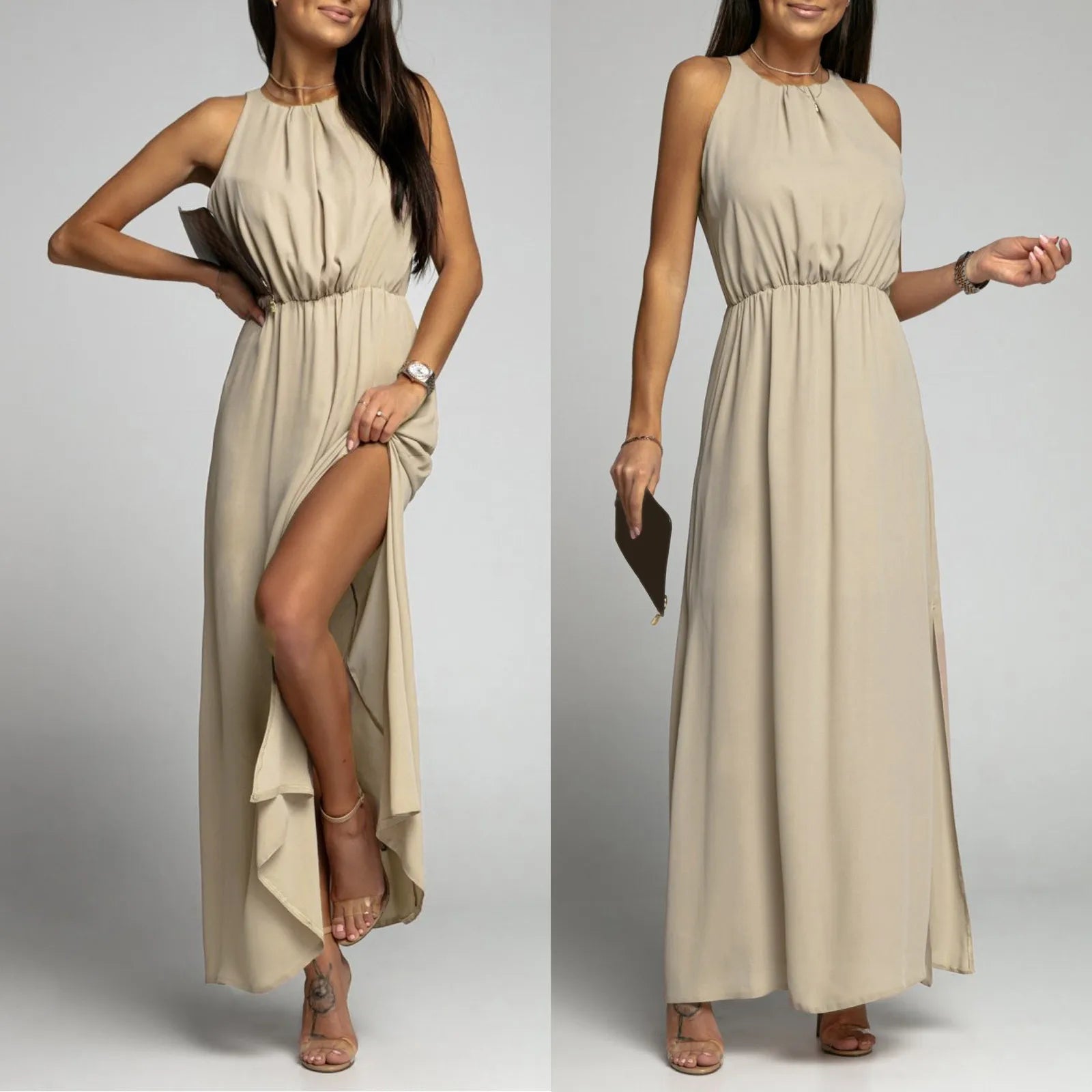 Sleeveless Maxi Dress with High Neck and Elegant Side Slit Design