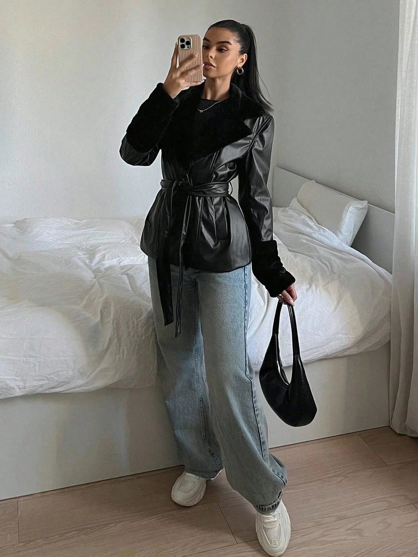 Belted Faux Leather Trim Wrap Jacket with Contemporary Streetwear Styling