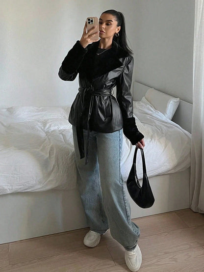 Belted Faux Leather Trim Wrap Jacket with Contemporary Streetwear Styling
