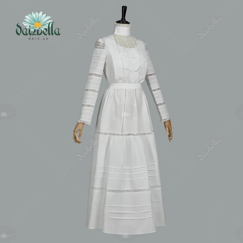 Women's Vintage Inspired High Neck Dress Set with Layered Skirt and Long Sleeve Design