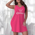 Plus Size Black Queen Graphic V-Neck Nightgown with Crown Print, Sleeveless Cut and Relaxed Knee-Length Silhouette