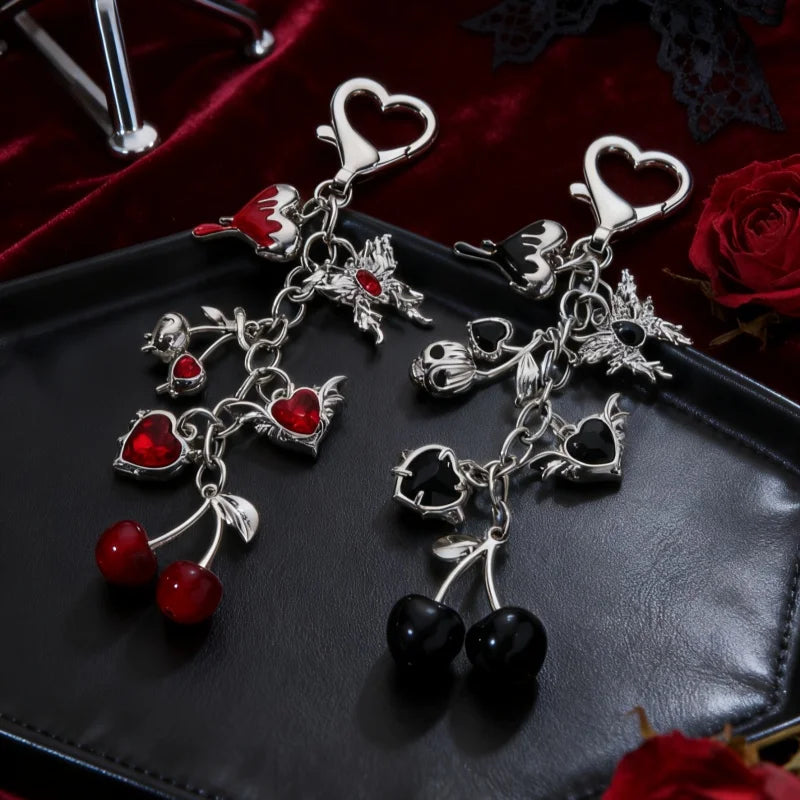 Neo Gothic Charm Keychain with Heart Cherry and Butterfly Accents