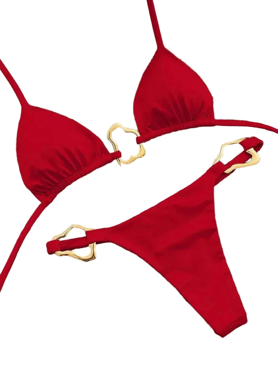 Vibrant Red String Bikini Set with Abstract Gold-Tone Hardware