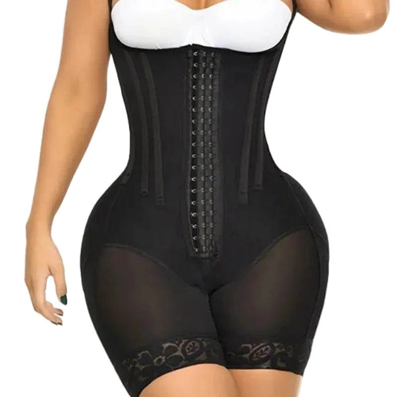 Premium Open-Bust Mid-Thigh Bodysuit with Hook Closure and Sheer Lace Paneling