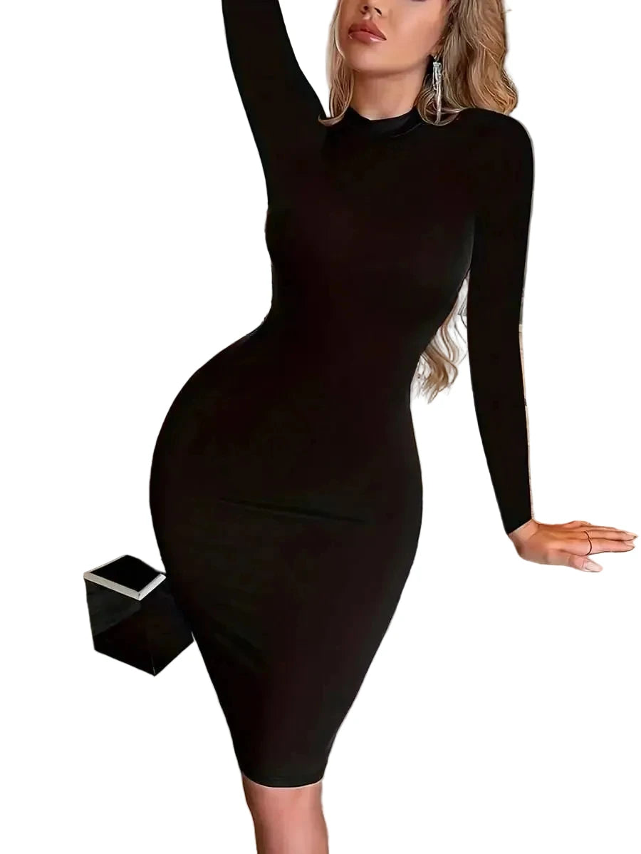Minimalist Black Long-Sleeve Turtleneck Bodycon Dress