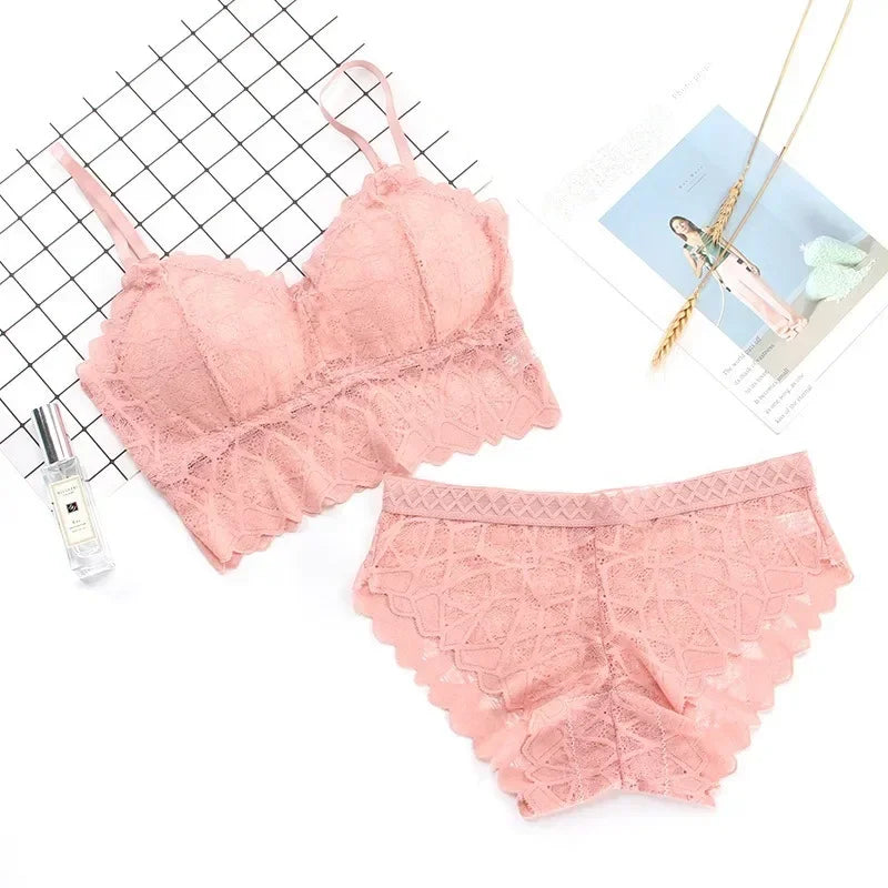 Scalloped Floral Lace Longline Camisole Bralette and Seamless Laser-Cut Brief Set