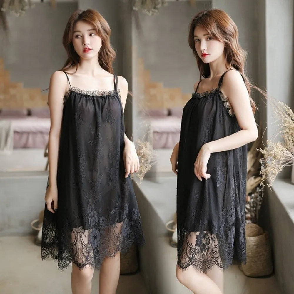 Relaxed Sage Green Chiffon Sleep Dress with Delicate Lace Trim Hem