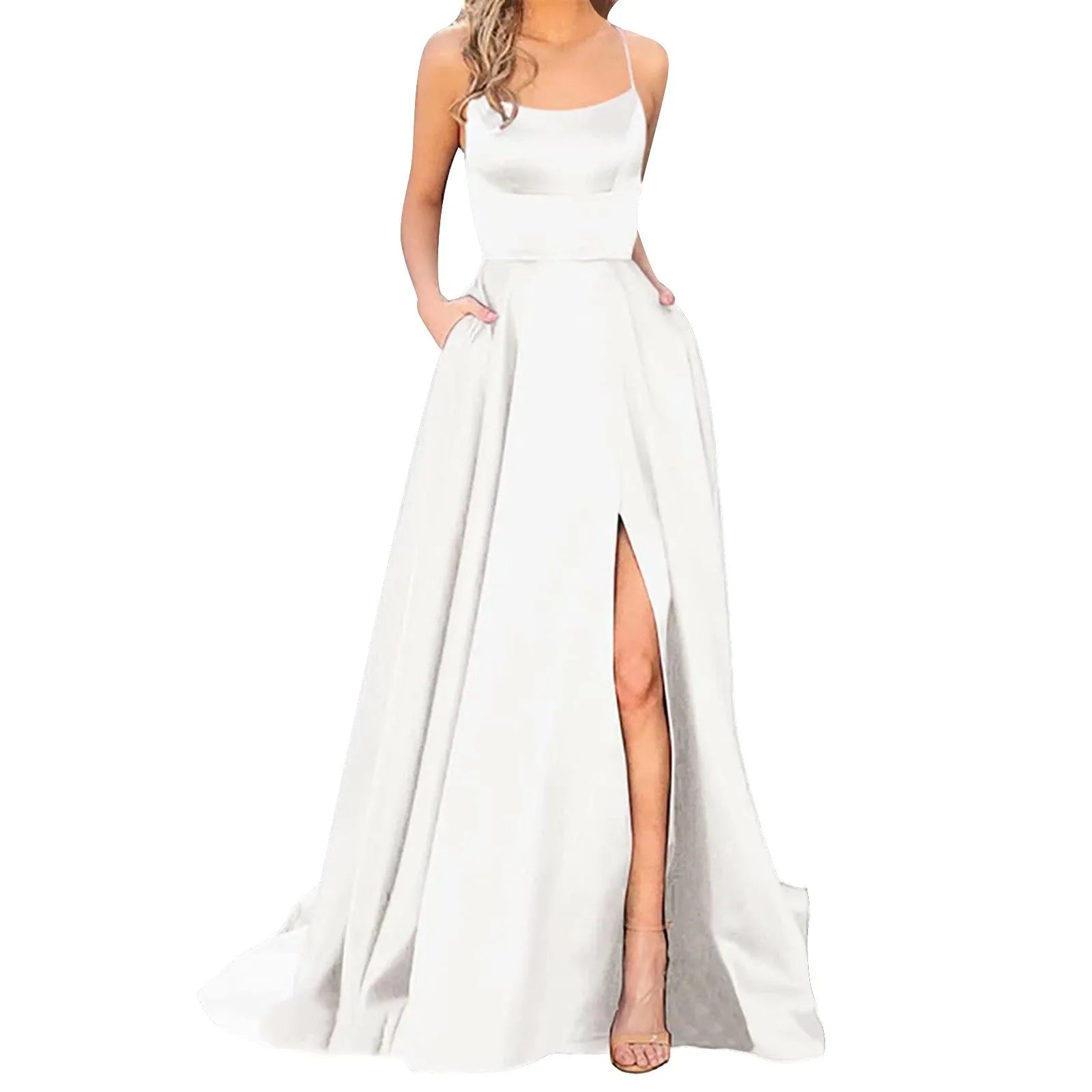 Spaghetti Strap Maxi Dress with Open Back Design and Side Slit Detail