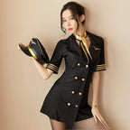 Elegant Black and Gold Flight Attendant Mini Dress with Coordinated Aviation Hat
