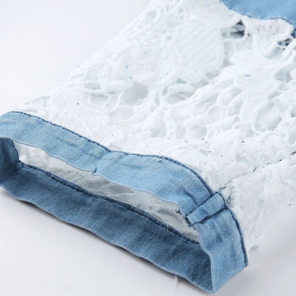 Women's Low Rise Cropped Capri Pants with Lace Hem Detail and Casual Slim Fit