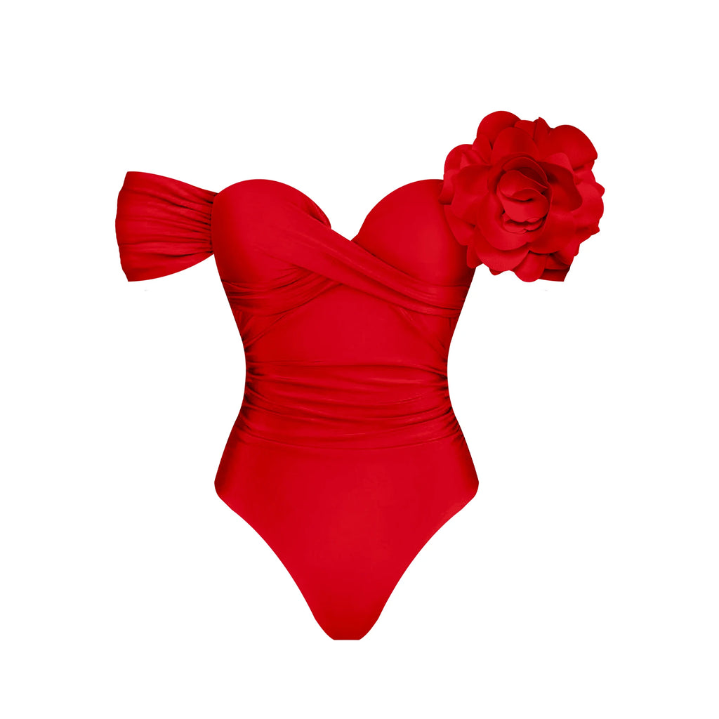 Crimson Red Plunge Swimwear Set with Dramatic 3D Floral Embellishments