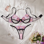 Playful Pink Floral Embroidery Cutout Underwire Bra and Thong Set