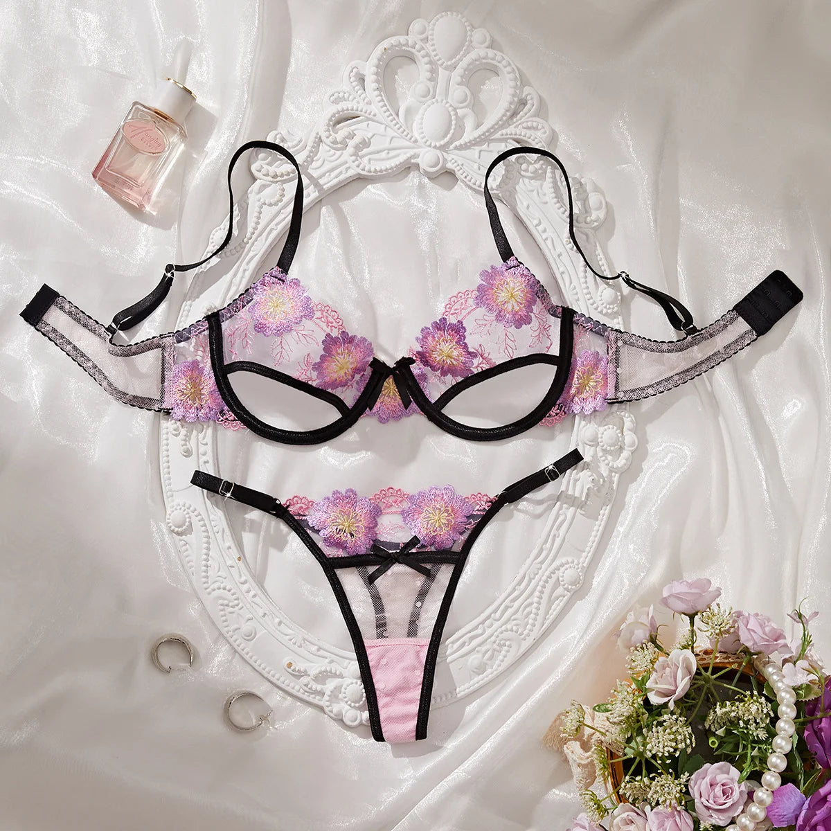 Playful Pink Floral Embroidery Cutout Underwire Bra and Thong Set