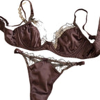 Rich Chocolate Satin and Black Lace Spliced Underwire Lingerie Set