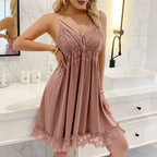 Crimson Red Lace Bodice Chemise with V-Neckline and Ruffled Hem