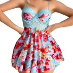 Vibrant Floral Print Flared Babydoll with Structured Underwire Cups and Lace Midriff