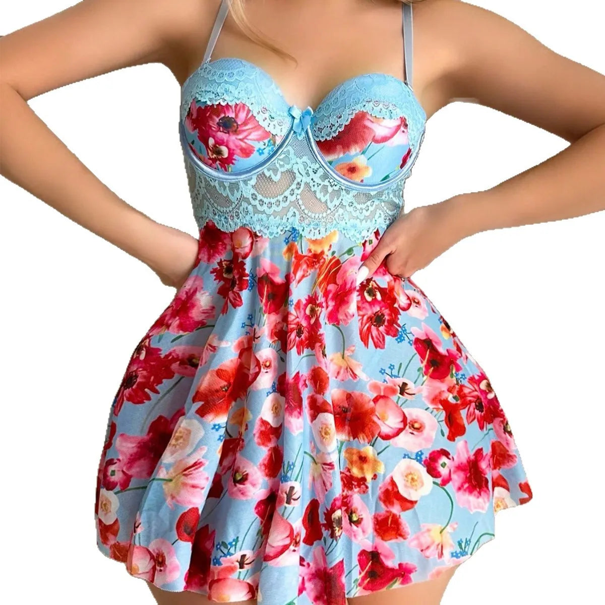 Vibrant Floral Print Flared Babydoll with Structured Underwire Cups and Lace Midriff