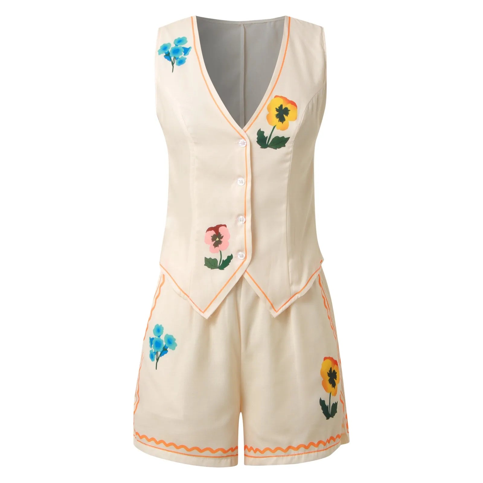 Embroidered V Neck Vest and Shorts Summer Co-Ord Set for Women