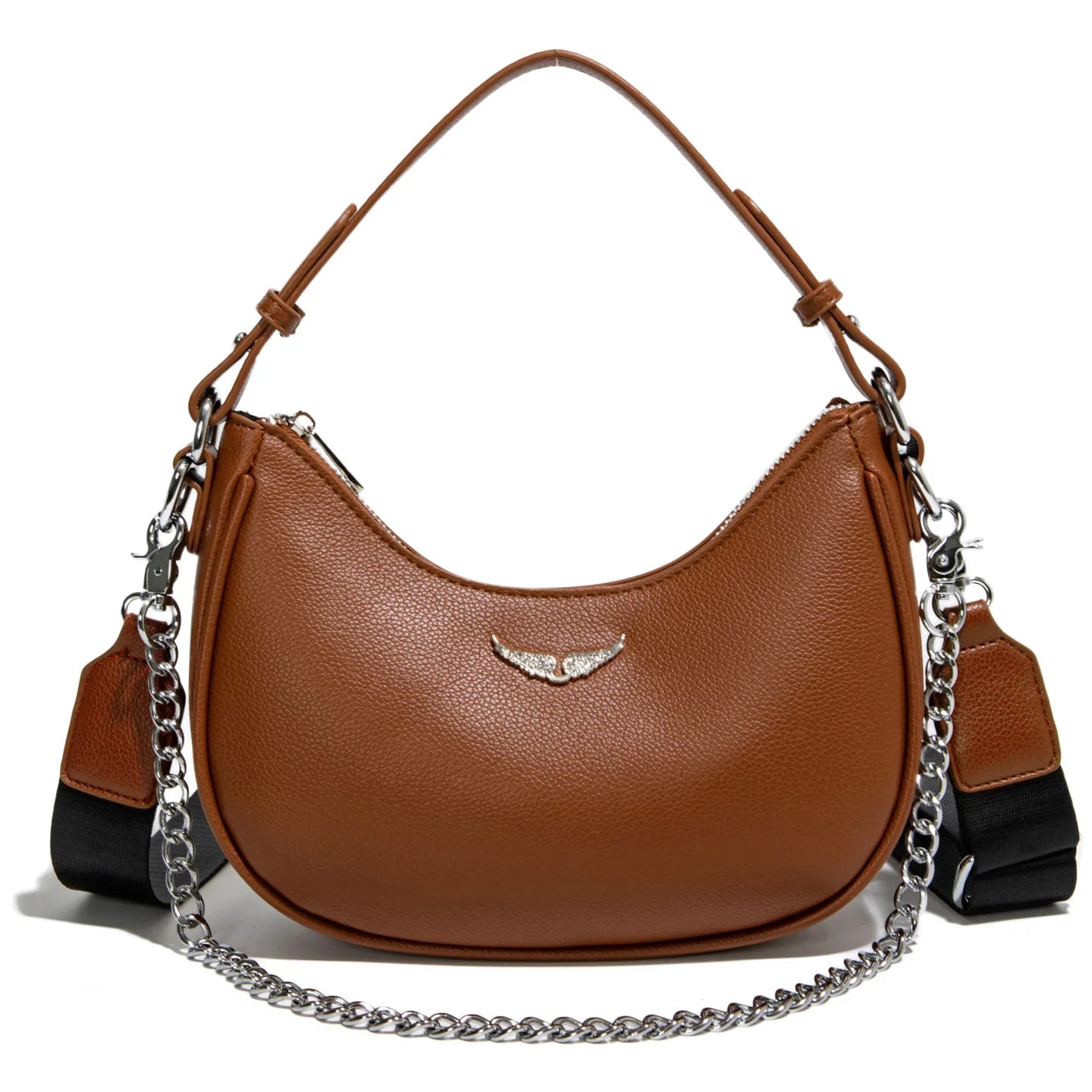 Minimalist Crescent Shoulder Bag with Chain Accent Adjustable Crossbody Strap