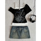 Layered Graphic Baby Tee with Contrast Panels and Alternative Y2K Styling