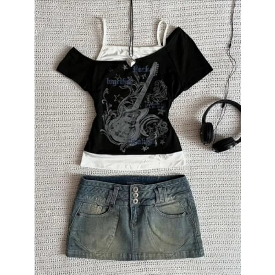 Layered Graphic Baby Tee with Contrast Panels and Alternative Y2K Styling