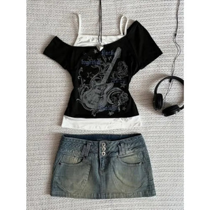 Layered Graphic Baby Tee with Contrast Panels and Alternative Y2K Styling