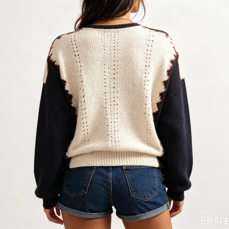 Women's Contrast Sleeve Relaxed Fit Contemporary Streetwear Knit Sweater