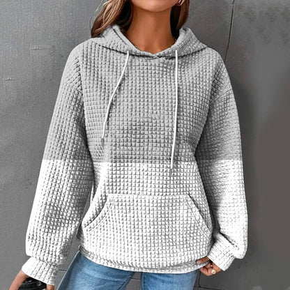 Women's Oversized Color Block Waffle Knit Hoodie for Relaxed Everyday Streetwear Style