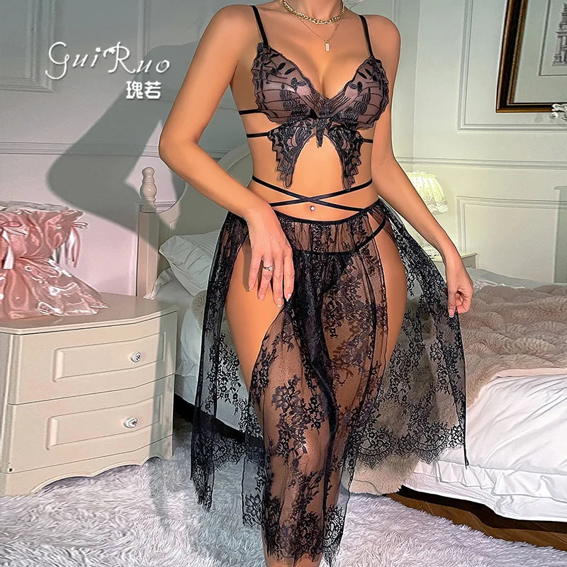 Sheer Black Lace Butterfly Bodice Ensemble with Flowing Midi Skirt