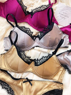 Vibrant Magenta Satin-Finish Wire-Free Bra and Panty Set with Black Lace Trim