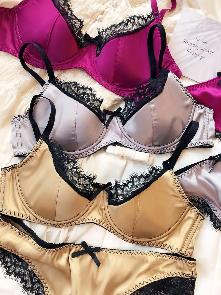 Vibrant Magenta Satin-Finish Wire-Free Bra and Panty Set with Black Lace Trim